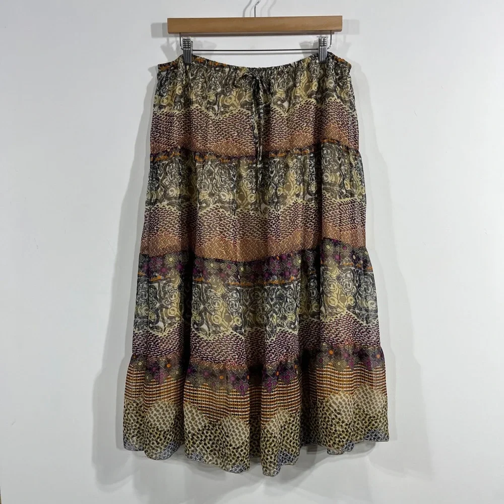 MetroWear Fairy Grunge Renfair Peasant Floral Boho Tiered Maxi Skirt Large Brown